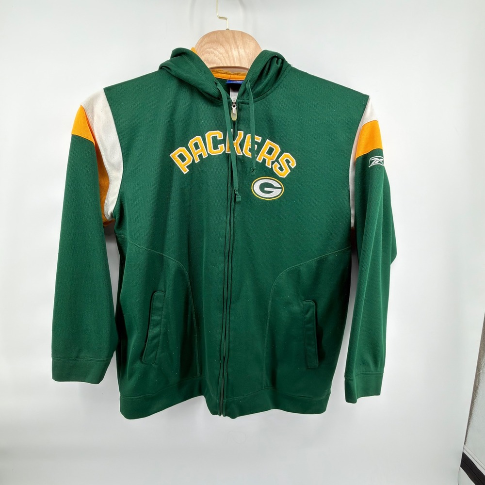 Reebok Green Bay Packers Hoodie Mens XL Green Yellow White Full Zip NFL Athletic
